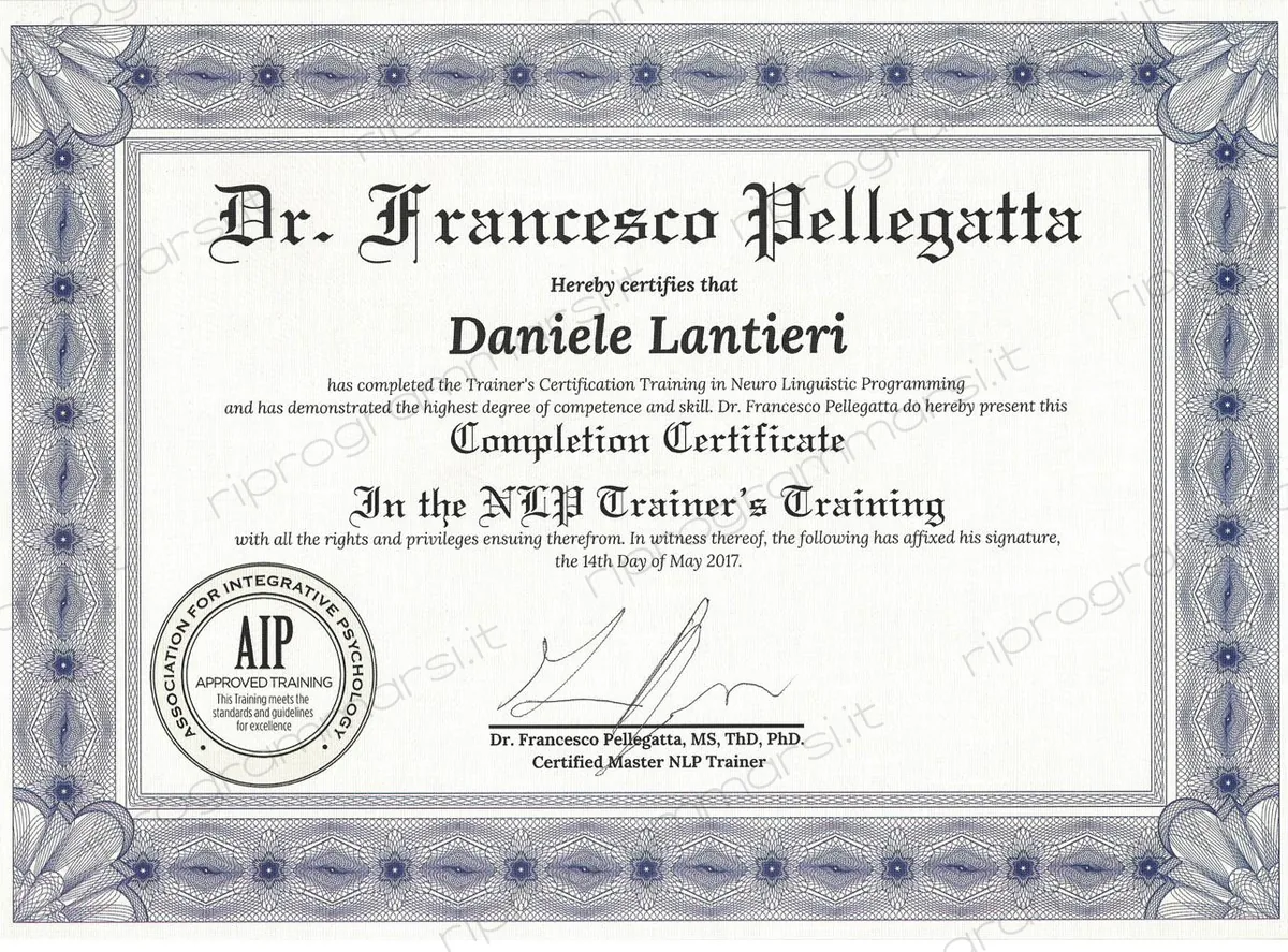 Attestato: Completion Certificate in the NLP Trainer's Training, 14/05/2017